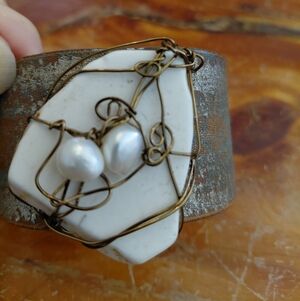 Rare Sundance White Agate Stone & Pearl Wire-Wrap Cuff Bracelet
